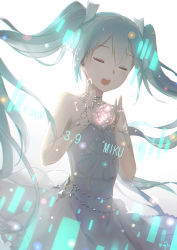 Rule 34 | 1girl, absurdres, blue hair, character name, choker, dated, dress, dutch angle, closed eyes, floating hair, hair between eyes, hair ribbon, hatsune miku, highres, jewelry, long hair, maya g, musical note, open mouth, ribbon, ring, signature, simple background, sleeveless, sleeveless dress, solo, standing, strapless, strapless dress, twintails, vocaloid, wedding dress, white background, white dress, white ribbon