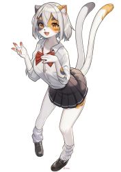Rule 34 | 1girl, animal ear fluff, animal ears, black footwear, black skirt, blush, bow, bowtie, brown eyes, cat ears, cat girl, cat tail, claws, collared shirt, crossed bangs, etivka, female focus, full body, furry, furry female, hair ornament, highres, leaning forward, loose socks, medium hair, multicolored fur, multiple tails, open mouth, original, partially unbuttoned, pawpads, pigeon-toed, pleated skirt, red bow, red bowtie, shirt, simple background, skirt, socks, solo, standing, tail, white background, white hair, white shirt