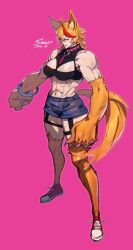 Rule 34 | abs, absurdres, animal ears, blue eyes, breasts, buffpup (vtuber), collar, fang, highres, large breasts, multicolored hair, muscular, muscular female, orange hair, pink background, red hair, sheep shin, shoes, shorts, sneakers, spiked collar, spikes, tail, tank top, virtual youtuber, werewolf, wolf ears, wolf tail