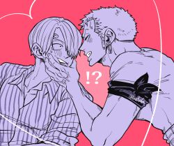 !? 2boys absurdres adam&#039;s_apple bandana_around_arm blush collarbone curly_eyebrows earrings eye_contact grabbing_another&#039;s_chin greyscale_with_colored_background hair_over_one_eye hand_on_another&#039;s_chin highres jewelry looking_at_another male_focus multiple_boys one_piece red_background roronoa_zoro sanji_(one_piece) shirt short_hair sideburns striped_clothes striped_shirt sweatdrop twitter_username woden1105 yaoi