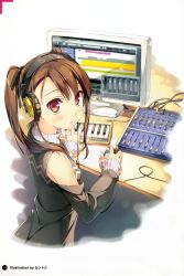 Rule 34 | 1girl, absurdres, brown hair, computer, detached sleeves, headphones, highres, instrument, jacket, kantoku, keyboard (instrument), monitor, mouse (computer), music, original, playing instrument, ponytail, red eyes, solo, sweater, synthesizer, table, turtleneck, twintails
