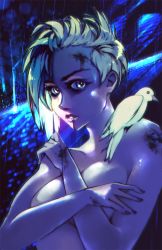 Rule 34 | 1girl, android, animal, animal on shoulder, asymmetrical hair, bad end, bad id, bad pixiv id, bird, bird on shoulder, blade runner, blonde hair, blood, blue eyes, breasts, building, covering privates, covering breasts, cyberpunk, dove, dying, eyebrows, genderswap, genderswap (mtf), good end, highres, injury, lips, looking at viewer, night, nose, rain, replicant, roy batty, rtil, short hair, solo, spoilers, topless