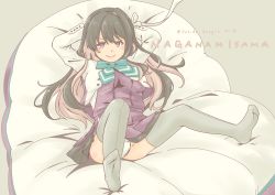 Rule 34 | 1girl, black hair, blazer, blouse, boots, bow, bowtie, breasts, character name, cross-laced footwear, cushion, dress, fang, gradient background, grey background, grey thighhighs, hair down, hairband, halterneck, highres, jacket, kantai collection, lace-up boots, large breasts, long hair, looking at viewer, multicolored hair, naganami (kancolle), naganami kai ni (kancolle), panties, pantyshot, pink hair, pleated skirt, pot-de, shirt, short sleeves, sitting, skirt, smile, solo, thighhighs, two-tone hair, underwear, wavy hair, white hairband, white panties, white shirt
