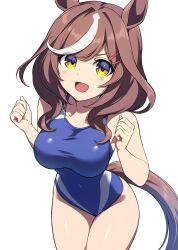 Rule 34 | 1girl, alternate costume, animal ears, bare shoulders, blue one-piece swimsuit, breasts, brown hair, clenched hands, commentary request, cowboy shot, hair between eyes, hair ornament, hairclip, hashtag-only commentary, highres, horse ears, horse girl, horse tail, large breasts, light blush, long hair, looking at viewer, matikane tannhauser (umamusume), multicolored hair, one-piece swimsuit, open mouth, pataneet, simple background, smile, solo, streaked hair, swimsuit, tail, umamusume, white background, white hair, yellow eyes