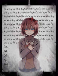 Rule 34 | 1girl, blue eyes, blush, bow, crying, crying with eyes open, doki doki literature club, hair between eyes, hair bow, hands on own chest, highres, likesac, long sleeves, pleated skirt, red bow, sayori (doki doki literature club), school uniform, short hair, skirt, tears