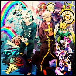 Rule 34 | 2boys, black border, border, brothers, bullet, c-moon (stand), cd, cloud, coin, enrico pucci, frog, gears, highres, horns, jewelry, jojo no kimyou na bouken, made in heaven (stand), multiple boys, perla pucci, rainbow, ring, robe, siblings, sky, snail, stand (jojo), star (sky), starry sky, stone ocean, weather report, weather report (stand), white hair, whitesnake (stand), yyy246
