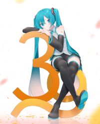 Rule 34 | 1girl, 39, black footwear, black skirt, black sleeves, black thighhighs, blue eyes, blue hair, blush, boots, closed mouth, commentary, detached sleeves, eyebrows hidden by hair, fhang, full body, hair between eyes, hatsune miku, highres, long hair, long sleeves, looking at viewer, pleated skirt, shoe soles, skirt, smile, solo, symbol-only commentary, thigh boots, thighhighs, very long hair, vocaloid, white background, wide sleeves