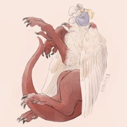 Rule 34 | 2girls, blonde hair, blue dress, chimera, dragon girl, dress, dungeon meshi, elf, faewinged, falin touden, falin touden (chimera), feathered wings, fetal position, full body, hug, hug from behind, hugging object, light brown hair, long hair, lying, marcille donato, monster girl, multiple girls, on side, pillow, pillow hug, pointy ears, short hair, simple background, sleeping, spoilers, twitter username, wings
