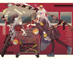 Rule 34 | 2girls, absurdres, alternate costume, armband, assault rifle, black dress, black pants, bullpup, caseless firearm, commentary request, cup, dress, eyewear on head, g11 (girls&#039; frontline), girls&#039; frontline, green eyes, grey hair, gun, h&amp;k g11, h&amp;k hk416, handheld game console, highres, hk416 (girls&#039; frontline), holding, holding cup, holding handheld game console, jacket, long hair, multiple girls, pants, plaid, plaid jacket, prototype design, rabb horn, red jacket, rifle, shoes, shopping cart, sneakers, teardrop facial mark, tongue, tongue out, watch, weapon, wristwatch, yellow armband