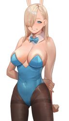 Rule 34 | 1girl, animal ears, aqua leotard, asuna (blue archive), asuna (bunny) (blue archive), blue archive, blue bow, blue bowtie, blue eyes, blue leotard, bow, bowtie, breasts, cleavage, covered navel, cowboy shot, detached collar, eyebrows hidden by hair, eyes visible through hair, fake animal ears, hair over one eye, highleg, highleg leotard, highres, large breasts, leotard, light brown hair, mole, mole on breast, official alternate costume, pantyhose, playboy bunny, pokoporoko, rabbit ears, solo, strapless, strapless leotard, thighband pantyhose, white background