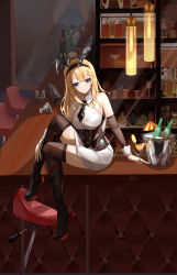 Rule 34 | 1girl, absurdres, animal ears, astoria (azur lane), astoria (black bunny carnival) (azur lane), azur lane, bar (place), bar stool, bare shoulders, black footwear, black thighhighs, blonde hair, blue eyes, blush, boots, bottle, bow, bowtie, breasts, closed mouth, cocktail glass, cocktail shaker, cup, drinking glass, fake animal ears, hand on leg, hand on table, highres, ice, knee boots, leotard, long hair, looking at viewer, medium breasts, official alternate costume, playboy bunny, sama 1421598740, sitting, sitting on table, smile, solo, stool, thighhighs, wide shot