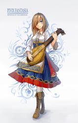 Rule 34 | 1girl, bard, blonde hair, blue eyes, boots, breasts, commentary, copyright name, cross-laced footwear, dress, facial tattoo, full body, hair over one eye, highres, instrument, knee boots, layered dress, long sleeves, looking at viewer, lute (instrument), medium breasts, original, pantyhose, patterned background, pixiv fantasia, pixiv fantasia revenge of the darkness, short hair, smile, solo, standing, tattoo, underbust, white background, white pantyhose, yuren