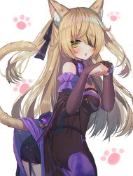 Rule 34 | 1girl, animal ears, asymmetrical legwear, asymmetrical sleeves, cat ears, cat tail, commentary request, eyepatch, fischl (genshin impact), fishnet fabric, genshin impact, green eyes, hair between eyes, hanato (seonoaiko), highres, kemonomimi mode, light brown hair, long hair, looking at viewer, mismatched legwear, mismatched sleeves, paw pose, paw print, sidelocks, simple background, solo, tail, two side up, vision (genshin impact)