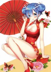 Rule 34 | 10s, 1girl, :d, adjusting hair, alternate hairstyle, animal print, arm at side, ayami, backless dress, backless outfit, blue eyes, blue hair, blush, breasts, bug, butterfly, butterfly print, camellia, china dress, chinese clothes, cleavage, cleavage cutout, clothing cutout, double bun, dress, earrings, flower, flower earrings, full body, hair between eyes, hand in own hair, hand up, high heels, highres, bug, invisible chair, jewelry, large breasts, looking at viewer, medium breasts, no legwear, non-web source, oil-paper umbrella, open mouth, panties, pantyshot, re:zero kara hajimeru isekai seikatsu, red dress, red flower, red footwear, rem (re:zero), scan, short dress, short hair, sitting, smile, solo, thighs, two-tone background, umbrella, underwear, v-shaped eyebrows, white panties