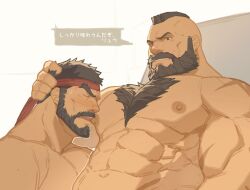 Rule 34 | 2boys, abs, bara, beard, blush, chest hair, closed eyes, facial hair, hand on another&#039;s head, headband, highres, large pectorals, licking nipple, looking at another, male focus, mohawk, multiple boys, muscular, muscular male, navel, nipple stimulation, nipples, open mouth, pectorals, red headband, ryker, ryu (street fighter), smile, street fighter, street fighter 6, translation request, yaoi, zangief