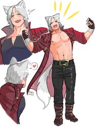 1boy :d abs animal_ears bara bare_pectorals cat_boy cat_ears cat_tail dante_(devil_may_cry) devil_may_cry devil_may_cry_(series) devil_may_cry_3 happy highres kemonomimi_mode large_pectorals male_focus mature_male multiple_views muscular muscular_male navel navel_hair nipples open_mouth pectorals seal_lover420 simple_background smile sparse_chest_hair sparse_stubble standing stomach tail thick_eyebrows