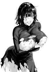 Rule 34 | 1girl, angry, clenched teeth, fubuki (one-punch man), highres, iwao178, lips, looking at viewer, monochrome, nipples, one-punch man, short hair, simple background, solo, sweat, teeth, thighs, torn clothes