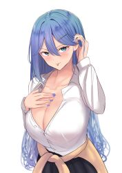 Rule 34 | 1girl, :p, alyssa (specktech), black skirt, blue eyes, blue hair, blue nails, breasts, cleavage, collarbone, collared shirt, commission, gyaru, hair between eyes, hair down, hand on own chest, hand up, highres, large breasts, long hair, nail polish, original, partially unbuttoned, school uniform, schreibe shura, second-party source, shirt, simple background, skeb commission, skirt, solo, thank you, tongue, tongue out, white background, white shirt