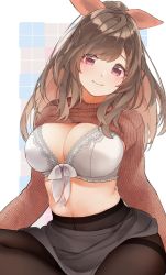Rule 34 | 1girl, blush, border, bow, bow bra, bra, breasts, brown hair, brown pantyhose, cleavage, closed mouth, clothes lift, cowboy shot, frilled bra, frills, grey skirt, hair bow, head tilt, highres, idolmaster, idolmaster shiny colors, lace, lace-trimmed bra, lace trim, large breasts, long hair, long sleeves, looking at viewer, miniskirt, navel, orange bow, orange sweater, outside border, pantyhose, patterned background, pekoni (peconi), pink eyes, ponytail, ribbed sweater, sidelocks, sitting, skirt, smile, solo, square, sweater, sweater lift, thighband pantyhose, tsukioka kogane, underwear, white border, white bra