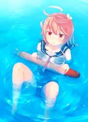 Rule 34 | 10s, 1girl, :o, ahoge, amekosame, bare legs, barefoot, blush, hair ornament, i-58 (kancolle), kantai collection, looking at viewer, neckerchief, partially submerged, pink hair, red eyes, school swimsuit, school uniform, serafuku, short hair, solo, swimsuit, swimsuit under clothes, torpedo, type 95 torpedo, wet, wet clothes
