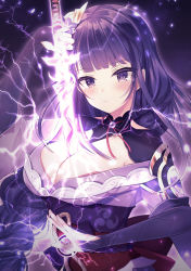 Rule 34 | 1girl, absurdres, armor, blush, braid, breasts, bridal gauntlets, cleavage, closed mouth, commentary request, electricity, flower, genshin impact, hair ornament, highres, holding, holding sword, holding weapon, human scabbard, japanese clothes, kimono, large breasts, light particles, long hair, looking at viewer, miitaodao, mitsudomoe (shape), mole, mole under eye, obi, obiage, purple eyes, purple flower, purple hair, raiden shogun, ribbon, sash, shoulder armor, simple background, solo, sword, tomoe (symbol), weapon