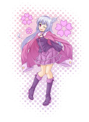 Rule 34 | 1girl, ;d, blunt bangs, boots, high heel boots, high heels, highres, knee boots, kyuutou (kyuutouryuu), long hair, one eye closed, open mouth, original, pink eyes, silver hair, smile, solo