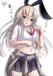 Rule 34 | 1girl, alternate costume, artist logo, black skirt, blonde hair, clothes around waist, clothes lift, commentary request, contrapposto, dress, giraffe (ilconte), grey eyes, grey jacket, highres, jacket, jacket around waist, kantai collection, lifted by self, long hair, looking at viewer, necktie, one-hour drawing challenge, pleated dress, red necktie, school uniform, shimakaze (kancolle), shirt lift, simple background, skirt, solo, standing, white background