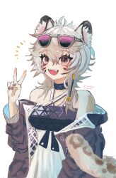 Rule 34 | 1girl, :d, animal ear fluff, animal ears, arknights, bare shoulders, black jacket, black nails, brown eyes, cliffheart (arknights), cliffheart (lone climber) (arknights), commentary request, criss-cross halter, dress, eyewear on head, fangs, grey-framed eyewear, grey hair, grey nails, halterneck, hand up, highres, jacket, leopard ears, leopard girl, leopard tail, long sleeves, looking at viewer, nail polish, off shoulder, open clothes, open jacket, open mouth, puffy long sleeves, puffy sleeves, purple-tinted eyewear, simple background, smile, solo, tail, tinted eyewear, upper body, uyuni-piyo, white background, white dress