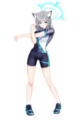 1girl animal_ears animal_focus bike_shorts black_shorts blue_archive blue_eyes closed_mouth earrings full_body hair_ornament halo highres jewelry looking_at_viewer ryotaros shiroko_(blue_archive) shirt shoes short_sleeves shorts simple_background sneakers socks solo standing stretching white_background white_socks