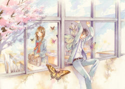 Rule 34 | 1boy, 1girl, arms up, belt, bow, braid, brown hair, bug, butterfly, chair, classroom, desk, flower, grey jacket, grey pants, insect, jacket, long sleeves, open mouth, original, painting (medium), pants, pink flower, red bow, red neckwear, reflection, shadow, shirt, shirt tucked in, smile, traditional media, tree, uniform, watercolor (medium), white shirt, window, yufushi