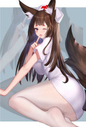 Rule 34 | 1girl, ;d, ;p, absurdres, alternate costume, amagi (azur lane), animal ears, arm support, ass, azur lane, barefoot, bed, bed sheet, bent over, black hair, blunt bangs, blurry, border, breasts, commentary request, cross, depth of field, dress, eyeshadow, finger to mouth, fox ears, fox girl, fox tail, from behind, from below, hat, highres, hong bai, index finger raised, kitsune, kyuubi, large breasts, long hair, looking at viewer, looking to the side, makeup, multiple tails, no shoes, nurse, nurse cap, one eye closed, open mouth, panties, panties under pantyhose, pantyhose, pantyshot, purple eyes, red cross, saliva, saliva trail, sidelocks, sitting, smile, solo, tail, tongue, tongue out, underwear, wariza, white border, white dress, white panties, white pantyhose