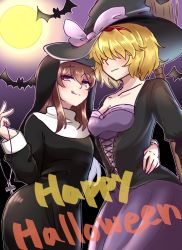 Rule 34 | 2girls, alice margatroid, arm around waist, bat (animal), black headwear, black shirt, blonde hair, blush, bow, breasts, brown hair, cleavage, closed mouth, commentary request, cookie (touhou), cowboy shot, cross, cross-laced clothes, cross-laced top, cross necklace, dress, ex (nicoseiga26226062), full moon, habit, hair between eyes, hair over eyes, hairband, halloween, happy halloween, hat, hat bow, holding, holding jewelry, holding necklace, ichigo (cookie), jewelry, jigen (cookie), licking lips, long hair, looking at viewer, medium breasts, moon, multiple girls, necklace, nun, purple bow, purple dress, purple eyes, red hairband, shirt, short hair, smile, strapless, strapless dress, third-party source, tongue, tongue out, touhou, witch