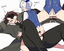 Rule 34 | 1boy, 1girl, ass, blush, bottomless, brown hair, censored, coat, cowgirl position, gloves, grey hair, hetero, highres, kyuu (ost), penis, pussy, sex, shirt, shy, straddling, sweat, vest, yellow eyes