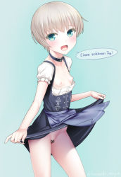 Rule 34 | 10s, 1girl, :d, apron, bad id, bad pixiv id, blue apron, blue eyes, blush, breasts, breasts out, censored, clothes lift, dirndl, german clothes, german text, kantai collection, kanzaki muyu, lifting own clothes, looking at viewer, nipples, no bra, no panties, novelty censor, oktoberfest, open mouth, puffy nipples, short hair, silver hair, simple background, skirt, skirt lift, small breasts, smile, solo, translated, twitter username, waist apron, z1 leberecht maass (kancolle)