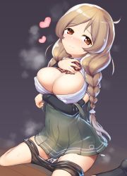 Rule 34 | 1girl, black legwear, blush, bow, bowtie, braid, breasts, breath, cum, heart, indoors, kantai collection, large breasts, light brown hair, long hair, looking at viewer, minegumo (kancolle), nose blush, open clothes, pleated skirt, red bow, red bowtie, red eyes, sakimori dan, school uniform, shirt, short sleeves, simple background, sitting, skirt, smile, solo, suspenders, sweat, twin braids, white shirt
