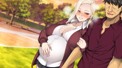 Rule 34 | 1girl, age difference, arm around another, blonde hair, blue eyes, blurry, blurry background, blush, breasts, breath, cleavage, grass, gyaru, hayashi cherry, heavy breathing, highres, large breasts, legs, long hair, looking at another, mole, mole under eye, musuko no kanojo no gal wo otou-san ga haramaseta hanashi, netorare, no eyes, old, old man, original, outdoors, parted lips, pregnant, school uniform, skirt, smile, standing, thighs, tree