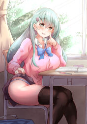 Rule 34 | 1girl, aqua eyes, aqua hair, black thighhighs, breasts, brown skirt, cardigan, chair, classroom, curtains, day, desk, hair ornament, hairclip, highres, indoors, kantai collection, large breasts, long hair, long sleeves, looking at viewer, mechanical pencil, notebook, panties, pencil, pink cardigan, pleated skirt, pulumelo, school, school chair, school desk, school uniform, shirt, sitting, skirt, solo, suzuya (kancolle), thighhighs, tree, underwear, white panties, white shirt, window