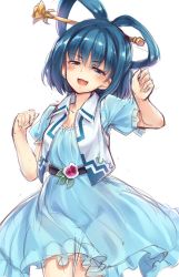 Rule 34 | 1girl, :d, blue dress, blue eyes, blue hair, blush, cowboy shot, dress, hair ornament, hair rings, hairpin, hand up, highres, kaku seiga, looking at viewer, oborofu, open mouth, short hair, short sleeves, simple background, sleeveless, smile, solo, touhou, white background