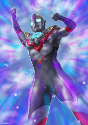Rule 34 | 1boy, alien, armor, blue eyes, blue sky, clenched hands, color timer, commentary request, forehead jewel, glowing, glowing eyes, highres, kaijuu, male focus, official art, outstretched arm, shoulder armor, shoulder pads, sky, superhero costume, tokusatsu, ultra series, ultraman orb, ultraman orb (series), yasukuni kazumasa