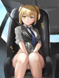 Rule 34 | 1girl, bad id, bad pixiv id, between legs, black vest, blonde hair, blue necktie, blush, braid, breasts, brown skirt, car interior, closed mouth, collared shirt, corset, covered navel, day, embarrassed, female focus, girls&#039; frontline, green eyes, grey shirt, hand between legs, have to pee, highres, japanese text, knees together feet apart, light rays, looking down, medium breasts, miniskirt, necktie, panties, pantyshot, pinstripe pattern, pinstripe vest, pleated skirt, seat, seatbelt, shirt, short hair, sidelocks, sitting, skirt, sleeves rolled up, solo, striped clothes, striped vest, sunlight, translation request, two side up, underwear, upskirt, vest, wavy mouth, welrod mkii (girls&#039; frontline), white panties, yukinoshiro