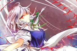 Rule 34 | 1girl, commentary request, from side, grey background, grey hair, izayoi sakuya, knife, kutsuki kai, looking at viewer, maid, maid headdress, medium hair, one-hour drawing challenge, red eyes, short sleeves, solo, touhou, upper body