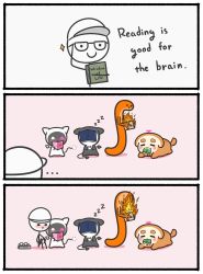 Rule 34 | ..., 3koma, 5others, absurdres, baseball cap, black bow, black bowtie, black cat, bloom (irys), blush, book, book on head, bow, bowtie, bread, cat, chibi, comic, commentary, detached wings, dog, english commentary, english text, fire, food, glasses, gloom (irys), guyrys, hat, heterochromia, highres, holding, holding book, hololive, hololive english, limiter (tsukumo sana), mpien, multiple others, object on head, open book, pink eyes, reading, sanallite (tsukumo sana), single wing, sleeping, stick figure, tail, virtual youtuber, white cat, wings, worm, yatagarasu (tsukumo sana), zzz