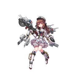 Rule 34 | 1girl, boots, breasts, brown eyes, brown hair, cannon, chestnut mouth, clock, full body, gloves, gun, hair ornament, hat, long hair, medium breasts, military, military hat, military uniform, north abyssor, official art, solo, torpedo tubes, transparent background, uniform, volta (warship girls r), warship girls r, weapon