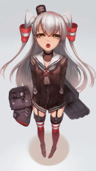 Rule 34 | 10s, 1girl, :o, amatsukaze (kancolle), arms behind back, cannon, charimei, choker, dress, foreshortening, full body, garter straps, grey background, highres, kantai collection, long hair, long sleeves, looking at viewer, machinery, open mouth, red thighhighs, robot, sailor dress, short dress, silver hair, simple background, solo, standing, thighhighs, torpedo, turret, twintails, two side up, yellow eyes, zettai ryouiki