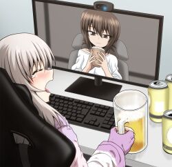 Rule 34 | 2girls, beer mug, blush, brown eyes, brown hair, camera, can, chair, closed eyes, cup, desktop, disposable cup, fingerless gloves, from behind, girls und panzer, gloves, grey hair, highres, holding, holding cup, itsumi erika, kamishima kanon, keyboard (computer), looking at another, mug, multiple girls, nishizumi maho, non-alcoholic beer, office chair, open mouth, pajamas, purple gloves, shirt, short hair, sitting, smile, swivel chair, white shirt, yawning