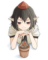 Rule 34 | 1girl, black hair, black necktie, breasts, crack, dirt, elbow rest, flower pot, hat, highres, leaf, leaning forward, looking at object, looking down, maple leaf, medium breasts, necktie, own hands together, peroponesosu., plant, pointy ears, pom pom (clothes), potted plant, red eyes, red hat, red nails, shameimaru aya, shirt, short sleeves, smile, solo, tokin hat, touhou, white background, white shirt