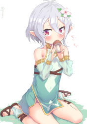 Rule 34 | 1girl, antenna hair, bare shoulders, blush, bridal gauntlets, brown footwear, commentary request, covered navel, detached sleeves, dress, flower, food, green dress, green sleeves, hair between eyes, hair flower, hair ornament, holding, holding food, kokkoro (princess connect!), long sleeves, looking at viewer, mushroom, pizanuko, pointy ears, princess connect!, puffy long sleeves, puffy sleeves, red eyes, sandals, see-through, see-through sleeves, silver hair, sitting, sleeveless, sleeveless dress, solo, translation request, twitter username, wariza, white background, white flower