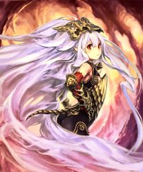 Rule 34 | 10s, 1girl, angry, armor, artist request, bare shoulders, cygames, elbow gloves, gloves, gold trim, hair ornament, light purple hair, long hair, looking at viewer, medusa (shingeki no bahamut), official art, pointy ears, red eyes, shadowverse, shingeki no bahamut, tail, very long hair