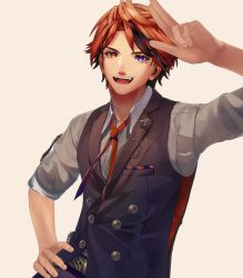 Rule 34 | 1boy, 3d, beige background, black vest, character name, clenched hand, fangs, hand on own hip, heterochromia, highres, holostars, male focus, mole, mole under eye, official art, open hand, open mouth, orange eyes, orange hair, pufeyarou, red neckwear, salute, smile, solo, upper body, vest, virtual youtuber, yukoku roberu