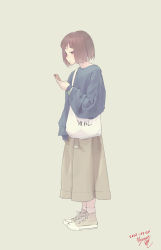 Rule 34 | 1girl, absurdres, bag, blue sweater, brown footwear, brown hair, brown skirt, closed mouth, commentary request, dated, from side, full body, green background, hand up, hayoou02, highres, holding, holding phone, jitome, korean commentary, long sleeves, looking at phone, original, phone, shoes, short hair, shoulder bag, signature, simple background, skirt, sleeves past wrists, sneakers, socks, solo, standing, sweater, white socks